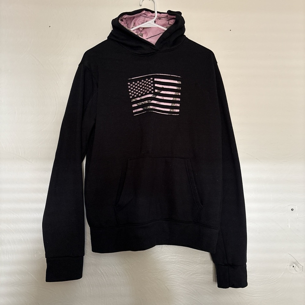 Women’s Black V-Neck Style Hoodie Sweater with Pink Flag Detail